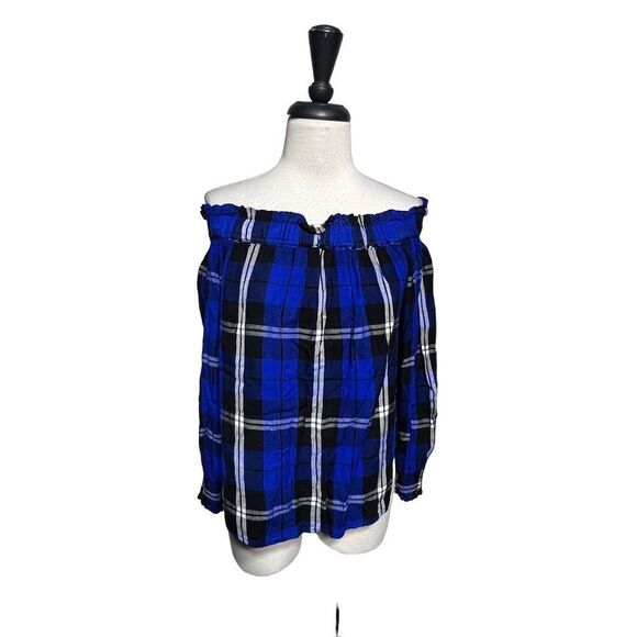 Sanctuary Cold Shoulder Long Sleeve Blue Flannel Blouse Size Small - Picture 5 of 6